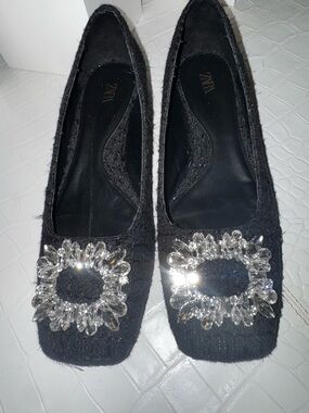 Zara Black Tweed Flats Crystal Jeweled Buckle Square Toe Size 38
